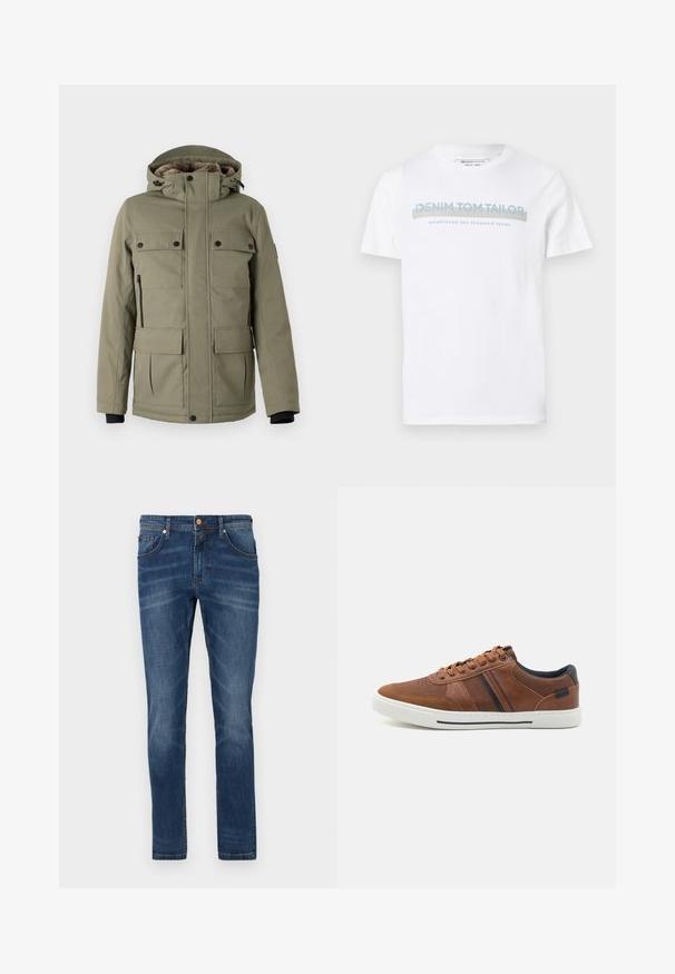 TOM TAILOR FIELDJACKET - Vinterfrakke - smokey olive green; Hvid bomulds T-shirt med rund halsudskæring, korte ærmer og et blåt grafisk tekstdesign, der siger "DENIM TOM TAILOR etableret 2007."; Mørkeblå denim jeans med lige ben, fem lommer, subtile blegetoner, kontrastsyet og knaplukning i taljen.; Brune lædersneakers med en glat overflade, hvid gummisål, sorte accenter og dekorativ syning med sidelæg.