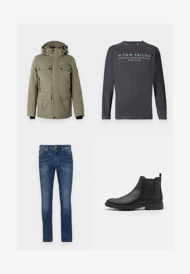 TOM TAILOR FIELDJACKET - Vinterfrakke - smokey olive green; TOM TAILOR PRINTED - Langærmet T-shirt - tarmac grey; Mørkeblå denim jeans med lige ben, fem lommer, subtile blegetoner, kontrastsyet og knaplukning i taljen.; Sort læder Chelsea-boot med elastiske sidepaneler og en løftestrop, der har en rund tå og en tekstureret gummisål.
