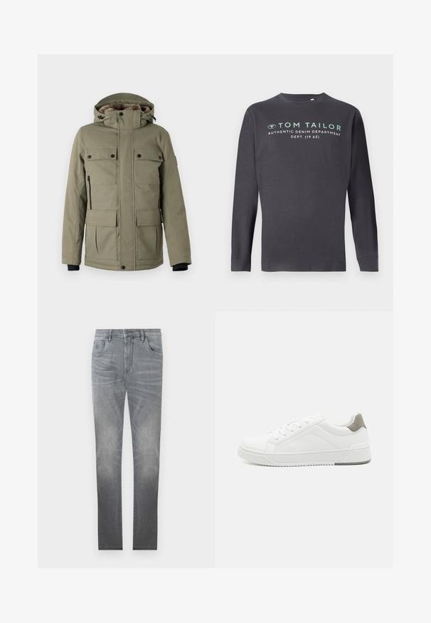 TOM TAILOR FIELDJACKET - Vinterfrakke - smokey olive green; TOM TAILOR PRINTED - Langærmet T-shirt - tarmac grey; Grå denim jeans med et falmet design, fem-lommer stil, knaplukning og lige ben. Glat tekstur med let slid ved kanterne.; Hvid sneaker lavet af glat læder, rund tå, minimalistisk design, grå hælafsats og tekstureret gummisål.