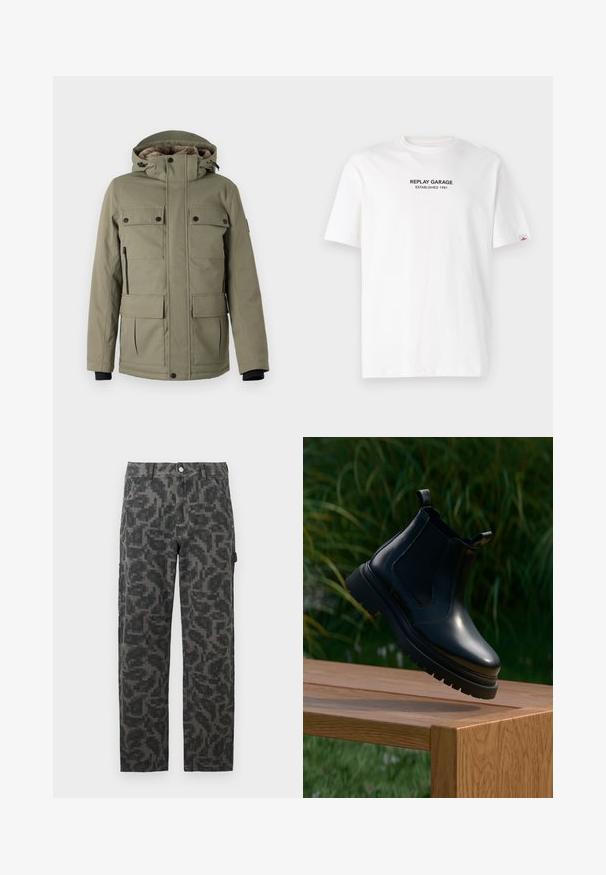 TOM TAILOR FIELDJACKET - Abrigo de invierno - smokey olive green; Camiseta de algodón blanca de manga corta, con un logo impreso en negro que dice "REPLAY GARAGE ESTABLISHED 1981" en el frente.; Pantalones rectos pixelados en negro y gris con bolsillos frontales y cierre de botón.; Botín Chelsea negro de cuero con puntera redondeada, suela de goma gruesa y paneles elásticos laterales, exhibido sobre una superficie de madera con verdor al fondo.