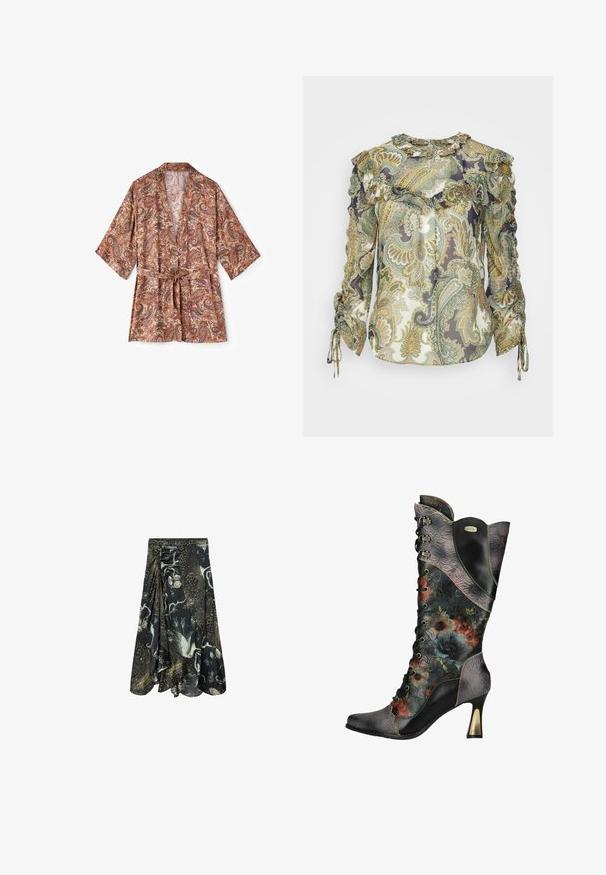 Kort kjole med trekvartlange ærmer og bindebånd i taljen med et detaljeret brunt og beige paisley mønster.; Veronica Beard HOWELL BLOUSE - Bluse - green; Sort midi-nederdel med fugle- og blomsterprint, asymmetrisk kant og indsamlet detalje på den ene side.; Dame sort læder høje hæle snørebånd støvle med præget blomster mønstre og flerfarvet blomsterprint på skaftet og foden.