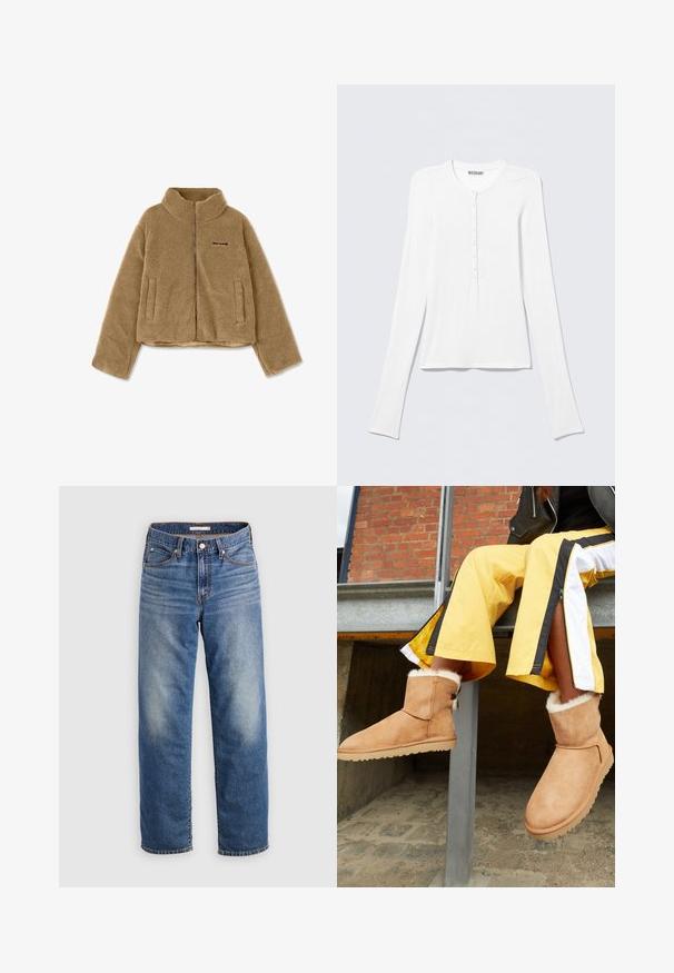 Veste zippée en polaire marron avec un col haut, deux poches avant et un détail de logo. Texture douce et design court.; Chemise Henley blanche à manches longues avec col rond et une rangée verticale de petits boutons au centre devant.; Jean en denim bleu clair à coupe droite, avec braguette à boutons, poches avant et décoloration subtile près de la cuisse.; Bottines en suede marron clair avec doublure intérieure duveteuse et semelles en caoutchouc plates, exposées à côté d'un pantalon de sport jaune avec des rayures noires et blanches.