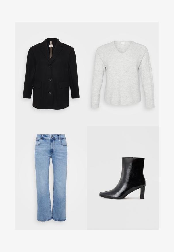 Sort uldblandet frakke med spidse klapper, frontlukning med knapper, to frontlommer og en glat tekstur. Lodrette striber på den indre foer.; Lys grå langærmet sweater med ribbet tekstur, V-hals og en let buet kant. Blødt materiale med subtile mønstervariationer.; Lysblå vidde jeans lavet af denim, med fem lommer, en frontlynlås og en knaplukning. Subtile syninger langs sømmene.; Sorte ankelstøvler lavet af blank læder, med spidse tæer og en mellemstor blokhæl, med en glat tekstur og et enkelt design.