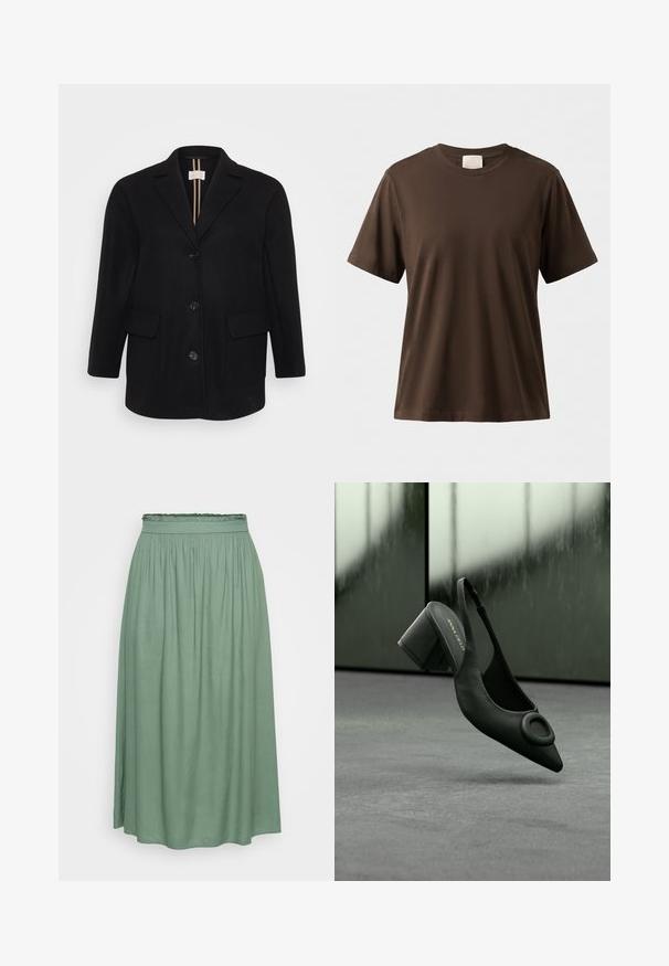 Sort uldblandet frakke med spidse klapper, frontlukning med knapper, to frontlommer og en glat tekstur. Lodrette striber på den indre foer.; Enkelt brun T-shirt med korte ærmer og rund hals med en afslappet pasform, vist på en neutral baggrund.; Grøn midi-nederdel med en samlet elastisk talje, glat tekstur og flodende design, der har en let A-form og ingen mønstre.; Sort læder slingback højhælede sko med spids tå og rund spænde, placeret mod en grå gulv og sløret baggrund.