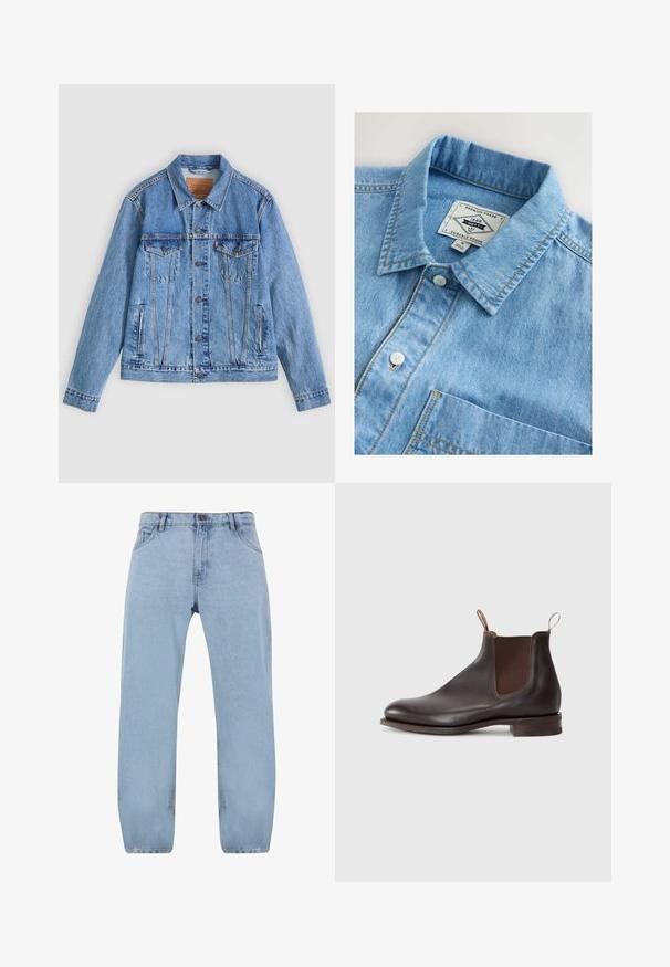 Lyseblå denimjakke med spids krave, to brystlommer og knaplukning, med en let falmet tekstur og kontrastsyning.; Lyseblå denimskjorte med en krave med knapper, frontlomme og hvide knaplukninger. Har gul syning som accent.; Lys blå denimjeans med et lige ben-design, der har fire lommer, en lynlås og detaljer i gul syning.; Brun læder Chelsea-støvle med elastiske sidepaneler, trækflap, rund tå og en lav stablet hæl. Glat tekstur, minimalistisk design.