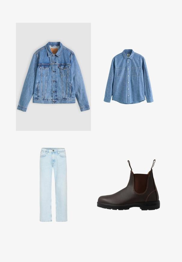Chaqueta de mezclilla azul claro con cuello puntiagudo, dos bolsillos en el pecho y botones como cierre, con una textura ligeramente descolorida y costuras en contraste.; Camisa azul de chambray de manga larga con botones al frente y dos bolsillos en el pecho, desplegada sobre un fondo blanco.; Vaqueros azul claro de pierna recta con botón y cremallera delanteros, trabillas para cinturón y bolsillos delanteros sobre un fondo blanco.; Bota Chelsea de cuero marrón con panel elástico lateral, costuras marrones, tiradores y suela de goma resistente con un patrón texturizado.