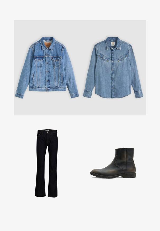 Lyseblå denimjakke med spids krave, to brystlommer og knaplukning, med en let falmet tekstur og kontrastsyning.; Lysblå denimskjorte med lange ærmer, button-down front, to brystlommer og trekantede detaljer. Har en klassisk krave og buet kant.; Mørkeblå bukseskær med flared fit lavet af denim med en glat tekstur. Har fem lommer, messingbeslag og kontrastsygning.; AllSaints LANG - Støvletter - brown