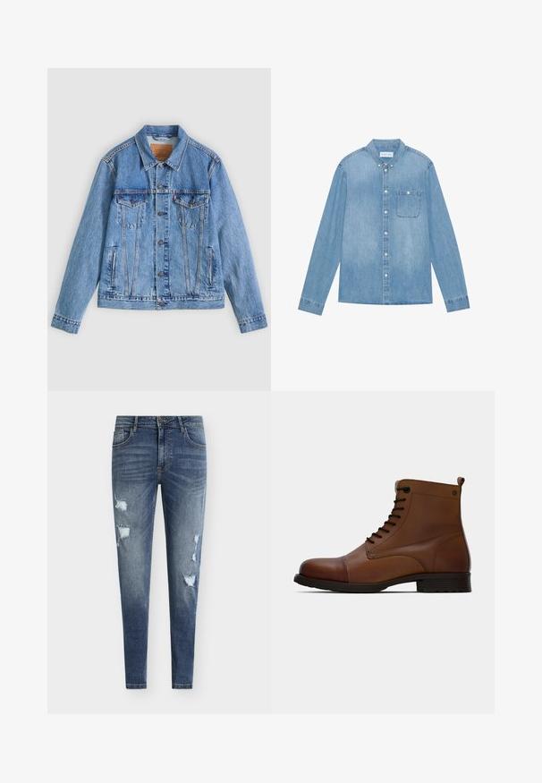 Chaqueta de mezclilla azul claro con cuello puntiagudo, dos bolsillos en el pecho y botones como cierre, con una textura ligeramente descolorida y costuras en contraste.; Camisa de mezclilla azul claro, con botones, mangas largas, collar puntiagudo, un bolsillo en el pecho y un ligero desgaste en la tela.; Vaqueros de mezclilla azul de corte ajustado con detalles desgastados, múltiples rasgaduras y un lavado desvanecido. Cuenta con un diseño de cinco bolsillos y trabillas para cinturón.; Jack & Jones JFWSHAUN BOOT - Botines con cordones - cognac
