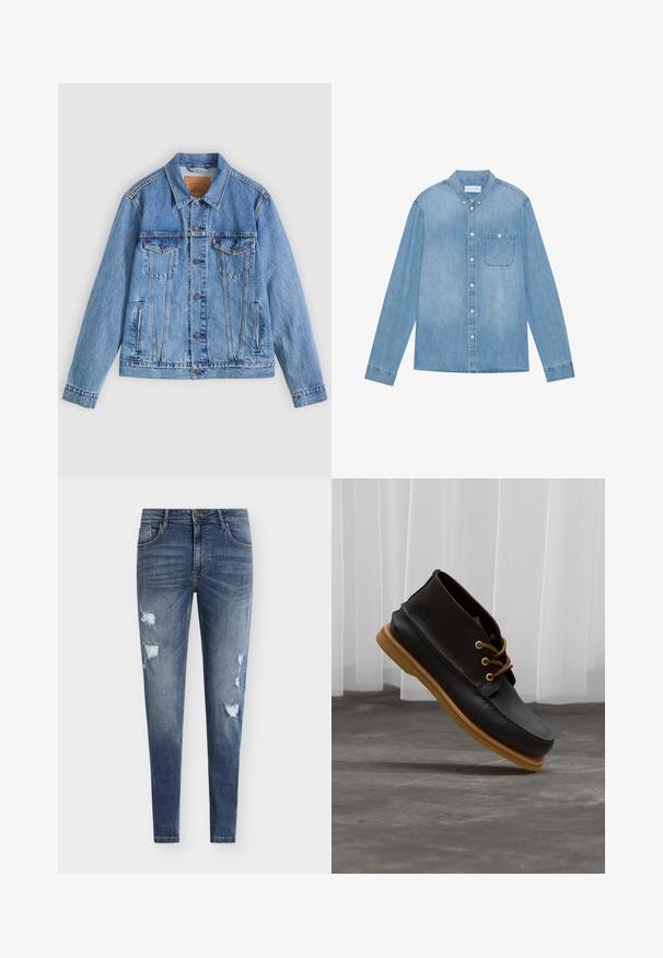 Lyseblå denimjakke med spids krave, to brystlommer og knaplukning, med en let falmet tekstur og kontrastsyning.; Lys blå denim skjorte med knapper, lange ærmer, spids krave, en enkelt brystlomme og subtil falmning på stoffet.; Smaltsiddende blå denimjeans med slidte detaljer, flere revner og en falmet vask. Har fem-lomme-design og bæltestropper.; Sorte lædersko med en glat overflade, rund tå, brune snørebånd og lysebrune gummisåler. Logo præget på siden.