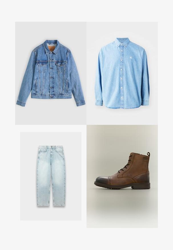 Lyseblå denimjakke med spids krave, to brystlommer og knaplukning, med en let falmet tekstur og kontrastsyning.; Lysel blå denim skjorte med knapper og lange ærmer, spids krave og et lille logo på venstre bryst. Har en afslappet pasform og klassisk design.; Lyseblå denimjeans med løs pasform, lige ben, falmet tekstur, fem-lomme design og metalknaplukning i taljen.; Brun læderstøvle med snørebånd, sort tåhætte, rund sål og mærket detalje på siden mod ensfarvet baggrund.