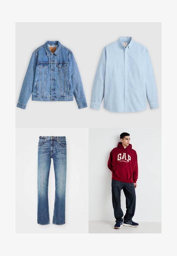 Lyseblå denimjakke med spids krave, to brystlommer og knaplukning, med en let falmet tekstur og kontrastsyning.; Lyseblå langærmet skjorte med knapper og knaplukket krave samt enkelt brystlomme, lagt fladt på en grå baggrund.; Blå denim jeans med lige ben design, der har en falmet vask, fem lommer og kontraststing. Metal knaplukning i taljen.; Mørkerød hættejakke med "GAP" og "TIMES SQUARE" trykt i cremefarve, sammen med marineblå stribede bukser og marineblå sneakers med hvide detaljer.