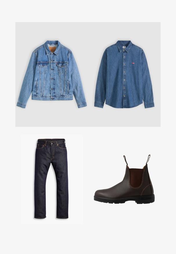 Lichtblauw spijkerjack met een puntige kraag, twee borstzakken en knoopsluitingen, met een licht verweerde textuur en contrasterende stiksels.; Blauw denim bloes met lange mouwen, kraag en beige knopen, met een klein rood Levi's-logo op de linkerborst.; Donkerblauwe recht gesneden denim jeans met vijf zakken en oranje contrasterende stiknaden, plat gelegd op een witte achtergrond.; Bruine leren Chelsea-laars met elastisch zijpaneel, bruine stiksels, trekriempjes en een duurzame rubberen zool met een gestructureerd patroon.