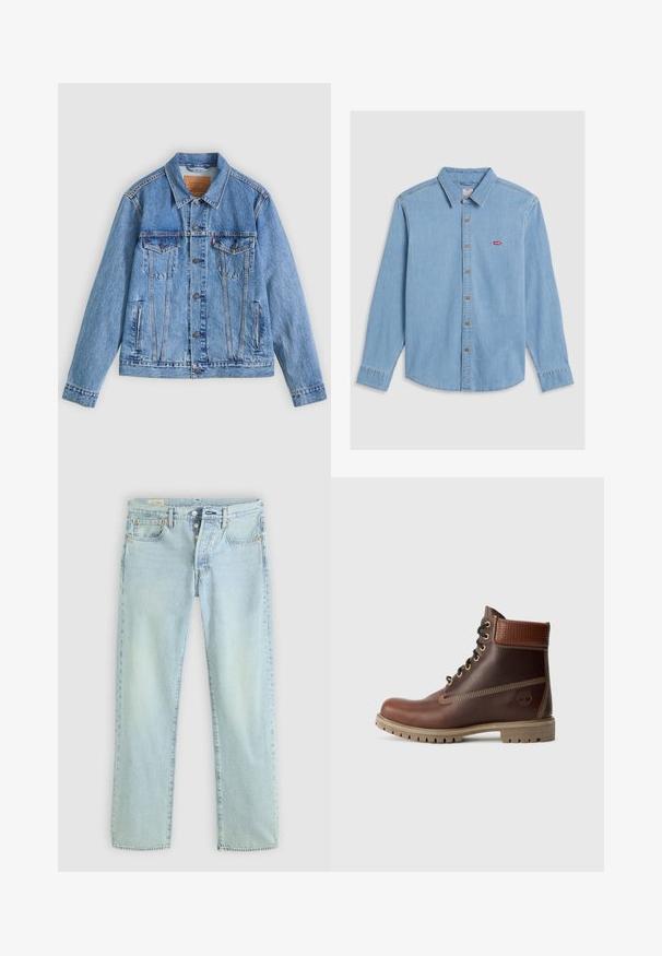 Hellblaue Jeansjacke mit spitzem Kragen, zwei Brusttaschen und Knopfverschluss, mit leicht ausgewaschener Textur und kontrastierenden Nähten.; Hellblaues Denim-Shirt mit langen Ärmeln, Knopfleiste und spitzem Kragen. Verfügt über braune Knöpfe und ein kleines rotes Logo-Patch.; Helle blaue Denim-Jeans mit geradem Schnitt, fünf Taschen, Knopfverschluss und dezentem Verblassen. Mit Steppdetails und Kupfennieten.; Braune Leder-Schnürstiefelette mit gepolsterter Knöchelpartie, kontrastierenden Nähten und robustem Sohlendesign, von der Außenseite auf einem weißen Hintergrund gezeigt.