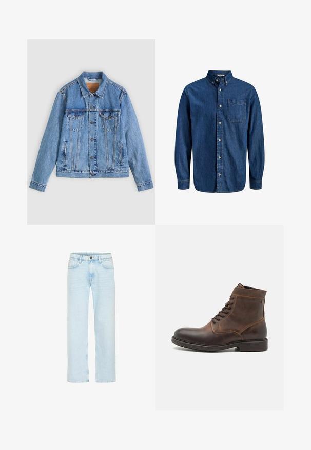Chaqueta de mezclilla azul claro con cuello puntiagudo, dos bolsillos en el pecho y botones como cierre, con una textura ligeramente descolorida y costuras en contraste.; Camisa vaquera azul oscuro con mangas largas, cierre frontal de botones, cuello puntiagudo, bolsillo único en el pecho y detalles clásicos de costura.; Los jeans de denim azul claro cuentan con un diseño de pierna recta, con un cierre de botón clásico, cinco bolsillos y un ligero desgastado para aportar textura.; Jack & Jones JFWDELANEY BOOT - Botines con cordones - cognac