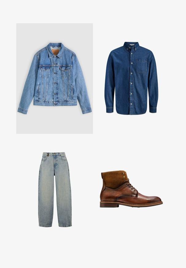 Veste en denim bleu clair avec un col pointu, deux poches poitrine et des fermetures à boutons, présentant une texture légèrement délavée et des coutures contrastées.; Chemise en denim bleu foncé à manches longues, avec fermeture boutonnée sur le devant, col pointu, poche poitrine simple et détails de couture classiques.; Jean en denim bleu clair avec une coupe décontractée, dotée d'une taille haute, de jambes larges, d'un design classique à cinq poches et d'accents matériels en métal.; Kazar ALID - Bottines à lacets - brown