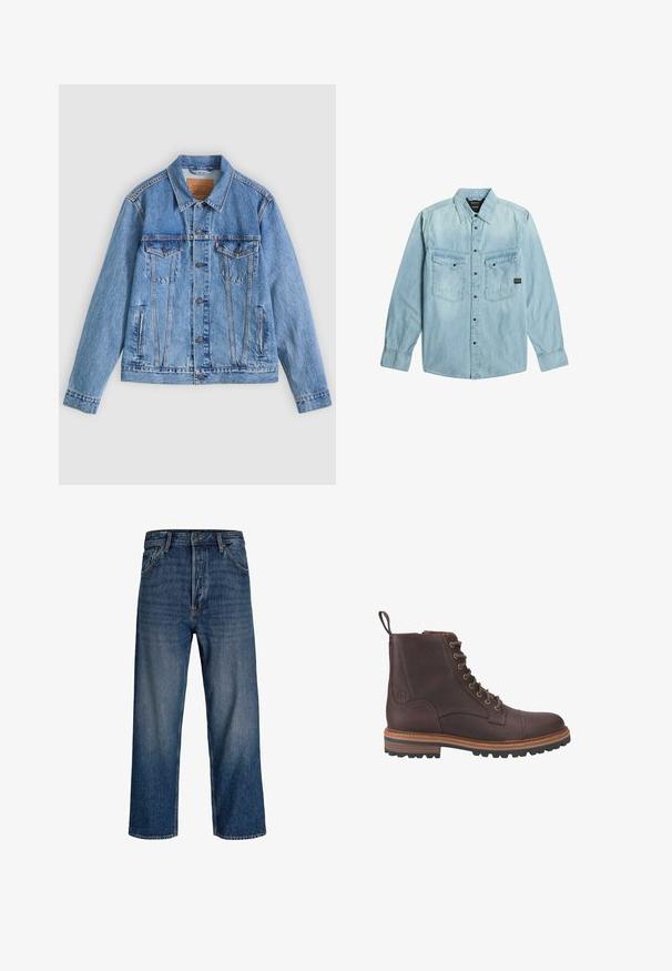 Hellblaue Jeansjacke mit spitzem Kragen, zwei Brusttaschen und Knopfverschluss, mit leicht ausgewaschener Textur und kontrastierenden Nähten.; Hellblaues Denim-Hemd mit langen Ärmeln, Knopfverschluss, zwei vorderen Pattentaschen mit Knöpfen und klassischem Kragen.; Jeans aus Denim mit geradem Bein, dunkelblauer Farbe und subtilen Verblassungen. Verfügt über fünf Taschen und einen Knopfverschluss.; Braune Leder-Stiefeletten mit Schnürung, strukturierter Oberfläche, kontrastierenden beigen Sohlen und Metallösen. Verfügen über eine Lasche zum einfachen An- und Ausziehen.
