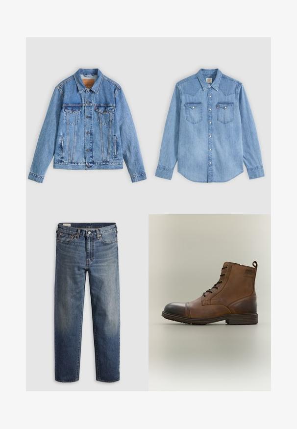 Lyseblå denimjakke med spids krave, to brystlommer og knaplukning, med en let falmet tekstur og kontrastsyning.; Lyseblå denim langærmet skjorte med spids krave, to brystlommer med klapper og hvide trykknapper foran.; Mørkeblå denimjeans med en afslappet pasform, lige ben, fem-lommer design og subtil falmen ved lårene. Sølvknap og nitter.; Brun læderstøvle med snørebånd, sort tåhætte, rund sål og mærket detalje på siden mod ensfarvet baggrund.