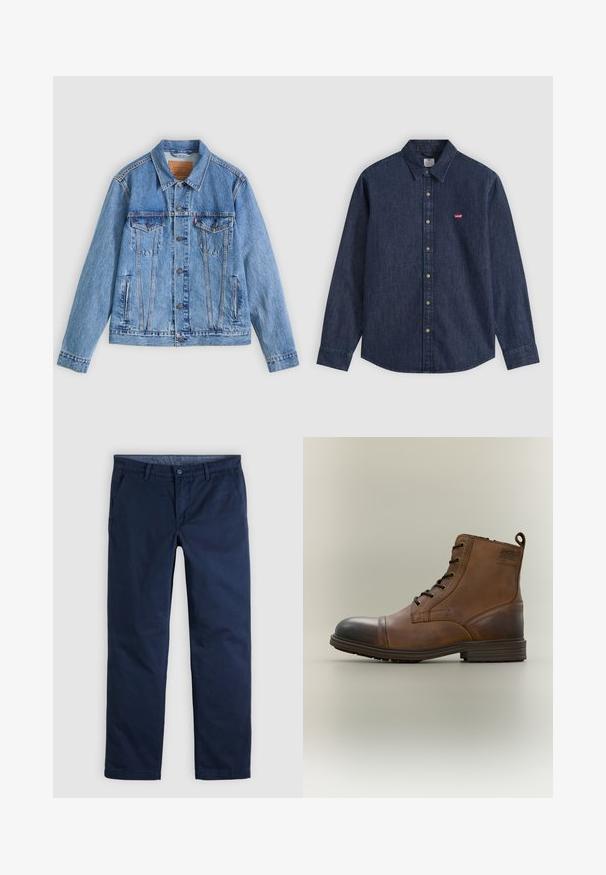 Veste en denim bleu clair avec un col pointu, deux poches poitrine et des fermetures à boutons, présentant une texture légèrement délavée et des coutures contrastées.; Chemise en denim bleu foncé à manches longues, boutonnée, avec col pointu et petit logo rouge Levi's sur la poitrine gauche.; Pantalon décontracté pour homme, coupe droite, bleu foncé, avec passants pour ceinture et poches latérales avant, présenté à plat sur un fond neutre.; Botte cheville en cuir marron à lacets avec bout noir, semelle ronde et détail de marque sur le côté sur fond uni.