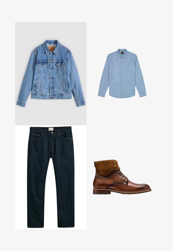 Lyseblå denimjakke med spids krave, to brystlommer og knaplukning, med en let falmet tekstur og kontrastsyning.; Lyseblå langærmet skjorte med knapper, krave og logo på brystet, lavet af chambray-stof.; Mørkeblå denim jeans med lige ben, fem lomme styling og kontrastsyet på sømmene. Glat stoftekstur.; Kazar ALID - Snørestøvletter - brown