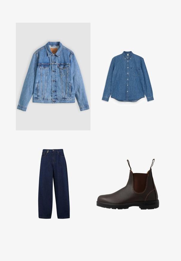 Hellblaue Jeansjacke mit spitzem Kragen, zwei Brusttaschen und Knopfverschluss, mit leicht ausgewaschener Textur und kontrastierenden Nähten.; Blaues Denim-Hemd mit langen Ärmeln, spitzem Kragen, weißen Knöpfen, einer einzelnen Brusttasche und geradem Saum. Gleichmäßige Textur und mittleres Gewicht.; Lässige, dunkelblaue Denim-Jeans mit hoher Taille, Fronttaschen und geradem Bein. Enthält silberfarbene Hardware und minimalistische Nähte.; Brauner Chelsea-Stiefel aus Leder mit elastischem Seiteneinsatz, brauner Naht, Zuglaschen und einer strapazierfähigen Gummisohle mit strukturiertem Muster.