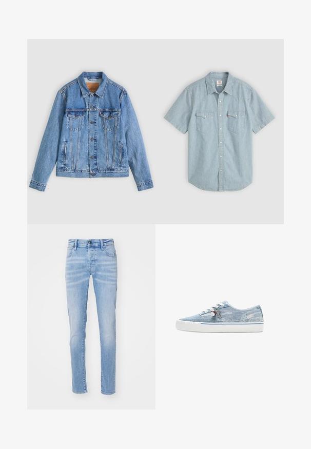 Hellblaue Jeansjacke mit spitzem Kragen, zwei Brusttaschen und Knopfverschluss, mit leicht ausgewaschener Textur und kontrastierenden Nähten.; Kurzärmeliges Hemd in Hellblau mit weißen Streifen, ausgestattet mit einem traditionellen Kragen, zwei Brusttaschen und Knopfverschluss. Aus Baumwollmaterial.; Helle blaue Denim-Jeans mit schlankem Schnitt, ausgestattet mit einem Fünf-Taschen-Design, Gürtelschlaufen und einem Knopfverschluss. Der Stoff hat eine weiche Textur.; Niedriger Sneaker aus hellblauem Denim mit weißer Gummisohle, weißen Schnürsenkeln und dekorativen Anhängern, die an den seitlichen Ösen hängen.