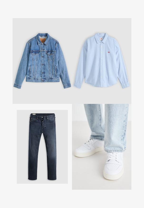 Veste en denim bleu clair avec un col pointu, deux poches poitrine et des fermetures à boutons, présentant une texture légèrement délavée et des coutures contrastées.; Chemise bleu clair à manches longues avec boutons et col, avec le logo rouge Levi's sur la poche poitrine gauche, présentée à plat sur un fond gris.; Jeans en denim bleu foncé avec une coupe droite, dotés d'un zip et de boutons en métal, ainsi que d'accents de rivets en cuivre. Texture lisse, sans motifs visibles.; Baskets basses en cuir blanc avec un bout perforé, des lacets plats et un design minimaliste. Associées à un jean en denim bleu clair.