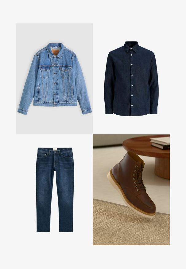 Hellblaue Jeansjacke mit spitzem Kragen, zwei Brusttaschen und Knopfverschluss, mit leicht ausgewaschener Textur und kontrastierenden Nähten.; Dunkelblaues Jeanshemd mit langen Ärmeln, weißen Knöpfen und spitzem Kragen, auf weißem Hintergrund gezeigt.; Dunkelblaue Denim-Jeans mit geradem Bein, fünf Taschen, Gürtelschlaufen und dezentem Verblassen. Der Stoff hat eine glatte Textur.; Braune Leder-Ankle-Boots mit beiger Sohle auf einem strukturierten beigen Teppich neben einem runden Holztisch mit gestapelten Büchern.