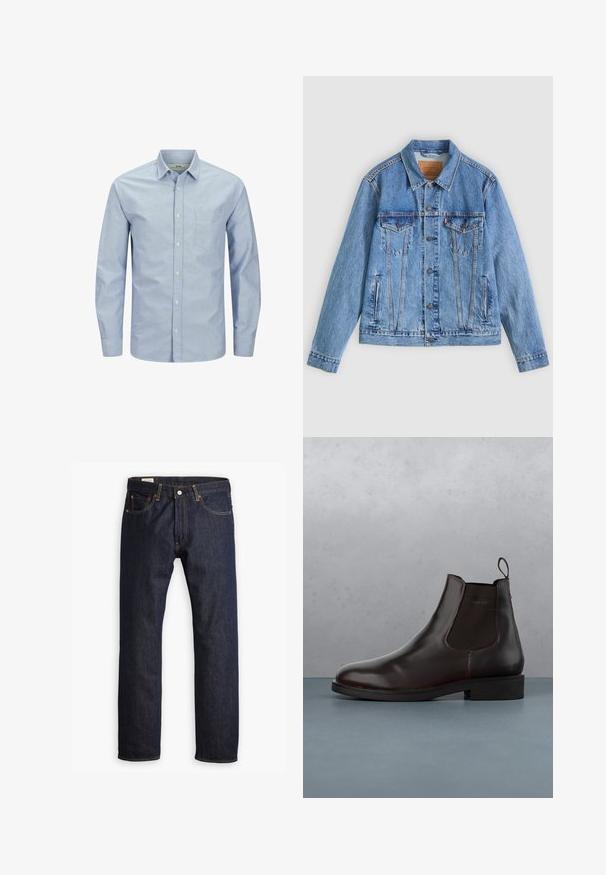 Hellblaue Jeansjacke mit spitzem Kragen, zwei Brusttaschen und Knopfverschluss, mit leicht ausgewaschener Textur und kontrastierenden Nähten.; Helles blaues Langarmhemd mit Knopfleiste und einer Tasche auf der linken Brustseite. Aus weichem Stoff mit glatter Textur und dezentem Logo-Detail gefertigt.; Dunkelblaue Jeans aus Denim mit geradem Bein, orangefarbener Naht und Fünf-Taschen-Stil sowie einer Metallknopfverschluss.; Braune Leder-Chelsea-Boots mit elastischen Seitenpaneelen, einer Zuglasche und einer glatten Oberfläche, vor einem strukturierten Ziegel- und Kiesuntergrund.