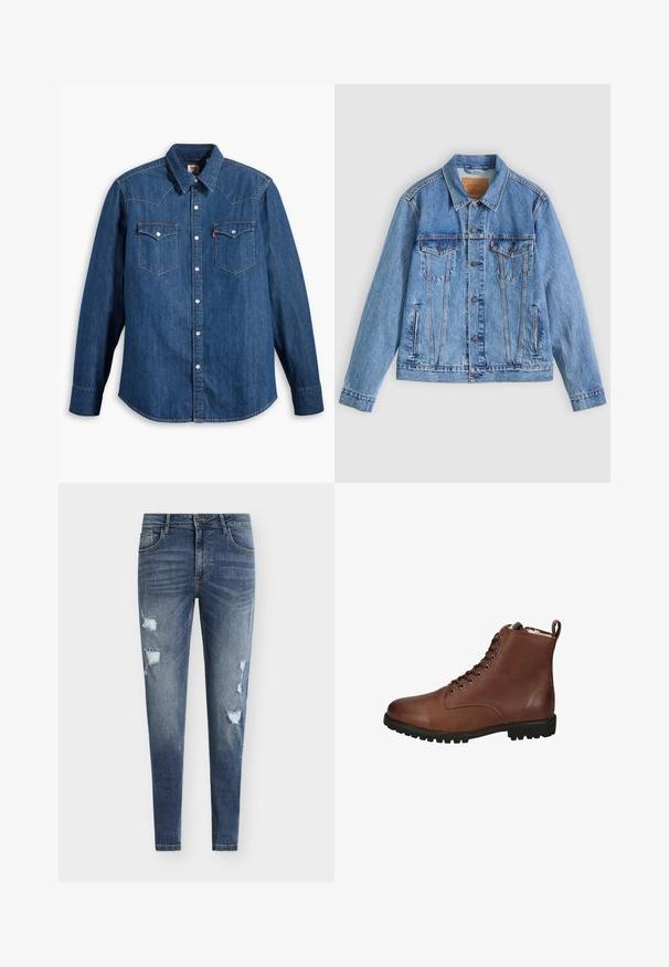 Hellblaue Jeansjacke mit spitzem Kragen, zwei Brusttaschen und Knopfverschluss, mit leicht ausgewaschener Textur und kontrastierenden Nähten.; Dunkelblaue Jeanshemd mit langen Ärmeln, spitzem Kragen und Druckknöpfen. Verfügt über zwei Brusttaschen mit Klappen und kontrastierenden Nähten.; Eng anliegende blaue Denim-Jeans mit Used-Details, mehreren Rissen und ausgewaschenem Look. Mit Fünf-Taschen-Design und Gürtelschlaufen.; Braune Leder-Ankle-Boots mit strukturiertem Finish, Schnürung vorne, abgerundeter Zehenpartie und dickem Gummisohle. Mit Anhänger an der Rückseite.