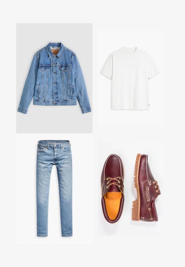 Lyseblå denimjakke med spids krave, to brystlommer og knaplukning, med en let falmet tekstur og kontrastsyning.; Hvid t-shirt i bomuld med korte ærmer, rund halsudskæring og en diskret "Levi's"-logo trykt i lyse farver på forsiden.; Lyseblå denimbukser, lige pasform, fem-lomme design, med lynlås og knaplukning. Glat tekstur med subtile falmede detaljer.; Bordeaux lædersko med brune gummisåler, rund tå, hvid syning og gyldne snøringer. Indersiden har et gult for.