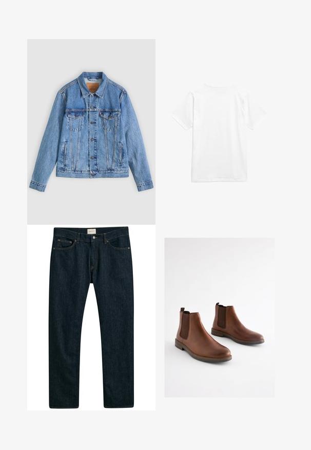 Veste en denim bleu clair avec un col pointu, deux poches poitrine et des fermetures à boutons, présentant une texture légèrement délavée et des coutures contrastées.; T-shirt en coton blanc avec des manches courtes et un col rond. Le tissu semble lisse, sans motifs ni éléments métalliques visibles.; Jeans en denim bleu foncé avec une coupe droite, un design à cinq poches et des coutures contrastées. Texture du tissu lisse.; Bottes basses en cuir marron avec des panneaux élastiques sur les côtés, un bout arrondi et un talon empilé. Texture lisse avec des accents marron contrastants.