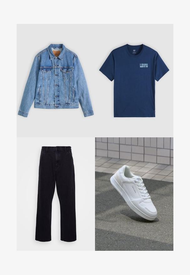Chaqueta de mezclilla azul claro con cuello puntiagudo, dos bolsillos en el pecho y botones como cierre, con una textura ligeramente descolorida y costuras en contraste.; Camiseta de algodón azul marino con mangas cortas, cuello redondo y logo blanco "LEVI'S" en el pecho izquierdo con un patrón texturizado.; Pantalones de mezclilla negros con un diseño de pierna recta, que cuentan con un cierre de botón y cremallera, presillas para cinturón y detalles de costura mínimos.; Zapatilla blanca con parte superior de cuero suave, puntera perforada para transpirabilidad y panel lateral texturizado. Suela de goma ligera. Diseño de cordones.