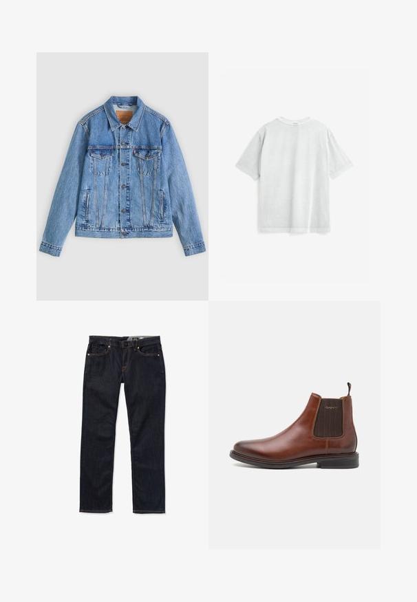 Veste en denim bleu clair avec un col pointu, deux poches poitrine et des fermetures à boutons, présentant une texture légèrement délavée et des coutures contrastées.; T-shirt en coton gris clair à manches courtes, col rond et coupe décontractée. Présente une texture lisse et des coutures nettes le long des bords.; Jean en denim bleu marine avec une coupe droite, comportant cinq poches, des coutures orange et une fermeture à bouton à la taille.; Botte Chelsea en cuir marron avec des panneaux latéraux en elastique, bout rond et un talon bas empilé. Accent texturé marron sur les côtés.