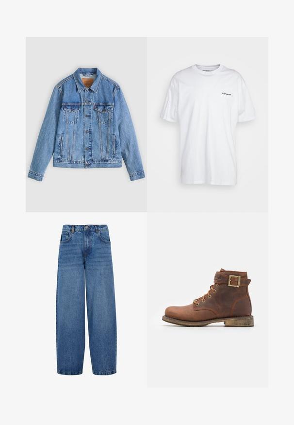 Chaqueta de mezclilla azul claro con cuello puntiagudo, dos bolsillos en el pecho y botones como cierre, con una textura ligeramente descolorida y costuras en contraste.; Camiseta de algodón blanca, de manga corta, con cuello redondo, presenta un pequeño logo negro en el lado izquierdo del pecho. Textura suave, dobladillo recto.; Jeans de pierna ancha en denim azul medio. Presentan una cintura alta, diseño clásico de cinco bolsillos y un ligero desgaste a lo largo de las piernas. Dobladillo estándar.; Harley Davidson VNTGMOTO SHORT RIDING APPROVED - Botines camperos - brown
