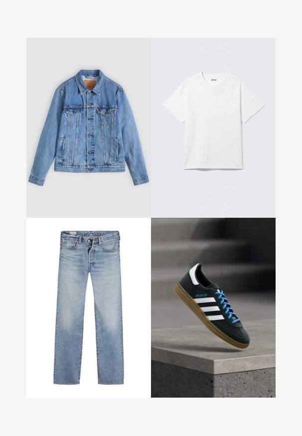 Hellblaue Jeansjacke mit spitzem Kragen, zwei Brusttaschen und Knopfverschluss, mit leicht ausgewaschener Textur und kontrastierenden Nähten.; Weißes T-Shirt mit kurzen Ärmeln und Rundhalsausschnitt, flach liegend, schlichtes Design, mit „WEEKDAY“-Etikett innen im Kragen auf hellem Hintergrund.; Helle blaue Jeans mit geradem Bein, ausgestattet mit einem Knopfverschluss, einem Fünf-Taschen-Design und einem ausgewaschenen Effekt an den Oberschenkeln.; Schwarzer Adidas-Sneaker mit weißen Streifen, blauen Schnürsenkeln und Gummisohle, der über einer grauen Betontreppe im weichen Licht schwebt.