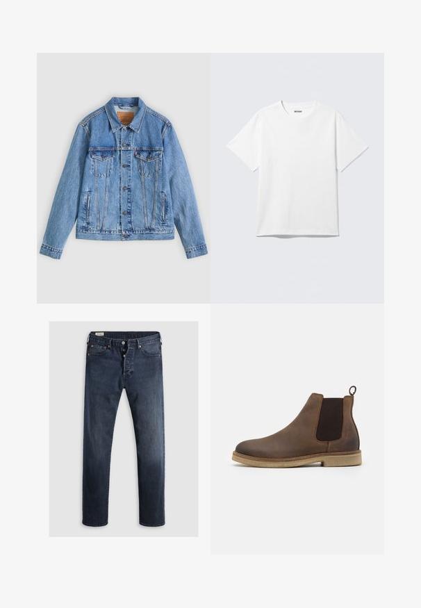 Lyseblå denimjakke med spids krave, to brystlommer og knaplukning, med en let falmet tekstur og kontrastsyning.; Hvid kortærmet crewneck T-shirt lagt fladt ud, ensfarvet design, med "WEEKDAY" mærkat inde i kraven på en lys baggrund.; Mørkeblue denimjeans med lige ben, der har lynlås i fly, metalknapper og kobbernitter. Glat tekstur, ingen synlige mønstre.; Brune læder Chelsea-støvle med elastiske sidepaneler, afrundet tå, løftestrop og en lys brun struktureret sål.