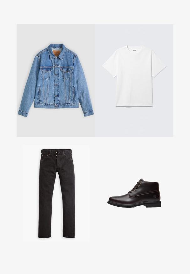 Hellblaue Jeansjacke mit spitzem Kragen, zwei Brusttaschen und Knopfverschluss, mit leicht ausgewaschener Textur und kontrastierenden Nähten.; Weißes T-Shirt mit kurzen Ärmeln und Rundhalsausschnitt, flach liegend, schlichtes Design, mit „WEEKDAY“-Etikett innen im Kragen auf hellem Hintergrund.; Schwarze Slim-Fit-Jeans mit Knopfverschluss, fünf Taschen und kupferfarbenen Nieten flach auf einem weißen Hintergrund ausgelegt.; Dunkelbrauner Leder-Schnürstiefel mit schwarzer Sohle und dezentem Markenlogo an der Seite, im Profil vor weißem Hintergrund gezeigt.