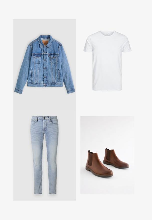 Veste en denim bleu clair avec un col pointu, deux poches poitrine et des fermetures à boutons, présentant une texture légèrement délavée et des coutures contrastées.; T-shirt à col rond à manches courtes de couleur blanche unie, fabriqué en coton doux, avec un design simple sans motifs ni accents visibles.; Jean en denim bleu clair avec une coupe slim, design à cinq poches et fermeture éclair. Présente un léger délavage et des détails brodés le long des coutures.; Bottes basses en cuir marron avec des panneaux élastiques sur les côtés, un bout arrondi et un talon empilé. Texture lisse avec des accents marron contrastants.