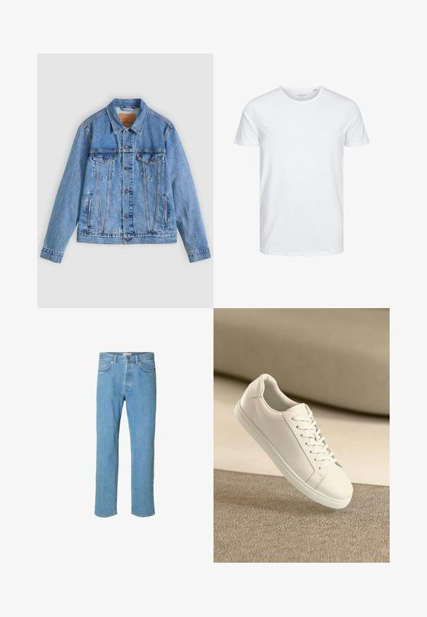 Lichtblauw spijkerjack met een puntige kraag, twee borstzakken en knoopsluitingen, met een licht verweerde textuur en contrasterende stiksels.; Ronde hals kortemouwen t-shirt in effen wit, gemaakt van zachte katoen, heeft een eenvoudig ontwerp zonder zichtbare patronen of accenten.; Lichtblauwe denim jeans met een recht gesneden ontwerp. Kenmerken zijn een knoopsluiting, vijf zakken en gestikte details langs de naden.; Witte leren sneaker met witte veters, weergegeven op een beige textuurovervlak en een zacht vervaagd achtergrond.