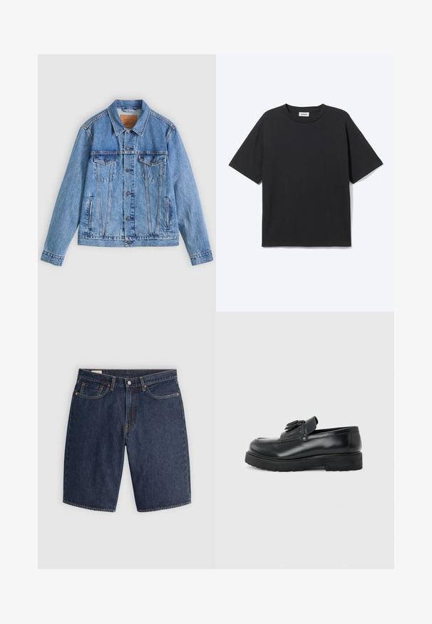 Lyseblå denimjakke med spids krave, to brystlommer og knaplukning, med en let falmet tekstur og kontrastsyning.; Sort T-shirt med korte ærmer og rund hals med afslappet pasform, forfra, ensfarvet design og synligt Weekday-mærke inde i kraven.; Mørkeblå denim shorts med et klassisk design, der har fem lommer, syninger, en knaplukning og buede baglommer.; Sort læderloafer med kvaster, tyk gummisål og lav hæl, vist i sideprofil på en ensfarvet baggrund.
