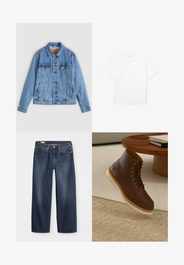 Chaqueta de mezclilla azul claro con cuello puntiagudo, dos bolsillos en el pecho y botones como cierre, con una textura ligeramente descolorida y costuras en contraste.; Camiseta de algodón blanca con mangas cortas, cuello redondo y dobladillo recto. Textura suave sin patrones ni acentos visibles.; Jeans de mezclilla azul oscuro con corte recto, diseño de cinco bolsillos, cierre de botón metálico y cremallera, y patrones sutiles de desgaste.; Botín de cuero marrón con suela beige sobre una alfombra beige texturizada al lado de una mesa redonda de madera con libros apilados.