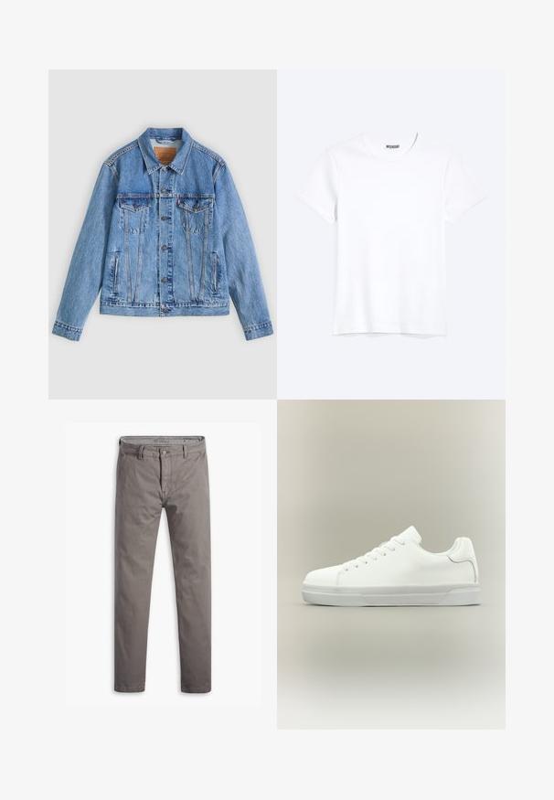 Lyseblå denimjakke med spids krave, to brystlommer og knaplukning, med en let falmet tekstur og kontrastsyning.; Enkelt hvid T-shirt med korte ærmer og rund hals med synligt WEEKDAY-mærke i kraven, vist på en lys baggrund.; Grå chinos med en glat tekstur, lige ben, standard fem-lomme stil og en metalknap i taljen.; Hvid lavtop sneaker med snørelukning foran, polstret krave og tekstureret gummisål, vist i sidelayout på neutral baggrund.
