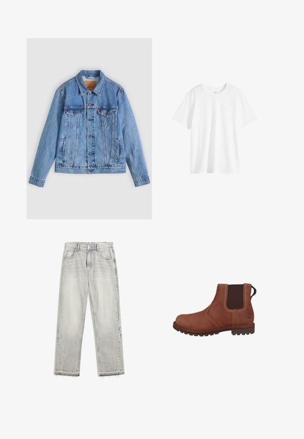 Hellblaue Jeansjacke mit spitzem Kragen, zwei Brusttaschen und Knopfverschluss, mit leicht ausgewaschener Textur und kontrastierenden Nähten.; Schlichtes weißes T-Shirt mit kurzen Ärmeln und Rundhalsausschnitt, mit einem kleinen Logo auf der linken Brustseite, auf weißem Hintergrund dargestellt.; Hellgraue Jeans aus Denim mit leicht gefärbtem Finish, geradem Schnitt, fünf Taschen-Design und ausgefranstem Saum. Flacher Bund mit Gürtelschlaufen.; Braune Leder-Chelsea-Stiefel mit elastischen Seitenpaneelen, gestickten Akzenten und einer Gummisohle mit einem Profilmuster. Enthält ein Logodetail.
