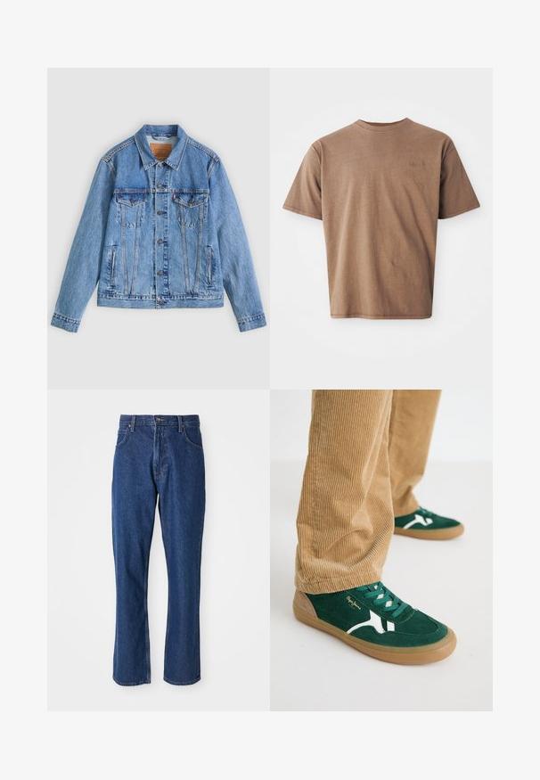 Lyseblå denimjakke med spids krave, to brystlommer og knaplukning, med en let falmet tekstur og kontrastsyning.; Brun bomulds t-shirt med rund hals, korte ærmer og et diskret broderet logo på venstre brystområde. Glat tekstur, afslappet pasform.; Blå denimjeans med lige ben-design, fem-lomme stil og en robust talje med metalknaplukning.; Grønne svineder sko med hvide accenter og grønne snørebånd. Gummisål, rund tå og tan detaljer på hælen. Båret med fløjl bukser.