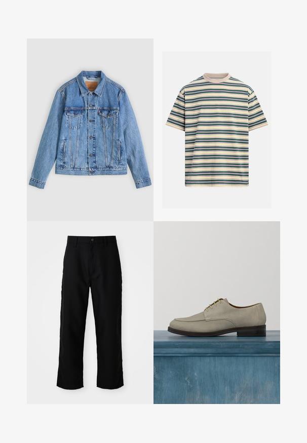 Lyseblå denimjakke med spids krave, to brystlommer og knaplukning, med en let falmet tekstur og kontrastsyning.; Kortærmet T-shirt med rund hals og vandrette striber i beige, mørkegrøn, gul og rød på en neutral baggrund.; Sorte lige ben bukser med bæltestropper, frontknap og lynlås lukning på ensfarvet lys baggrund.; Beige ruskindssko med snørebånd, rund tå og mørkebrun sål. Har en glat overflade og minimale syninger.