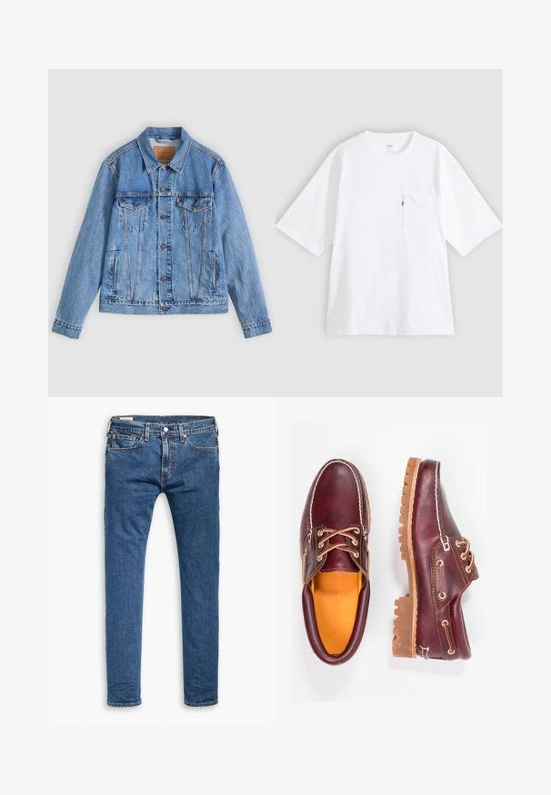 Veste en denim bleu clair avec un col pointu, deux poches poitrine et des fermetures à boutons, présentant une texture légèrement délavée et des coutures contrastées.; T-shirt en coton blanc à manches courtes, col rond et poche poitrine gauche. Comprend une petite étiquette logo rouge sur la poche.; Jeans slim fit en denim bleu avec cinq poches, bouton avant et passants de ceinture, présentés à plat sur un fond blanc.; Chaussures en cuir bourgogne avec semelles en caoutchouc marron, bout rond, couture blanche et œillets dorés. L'intérieur présente une doublure jaune.