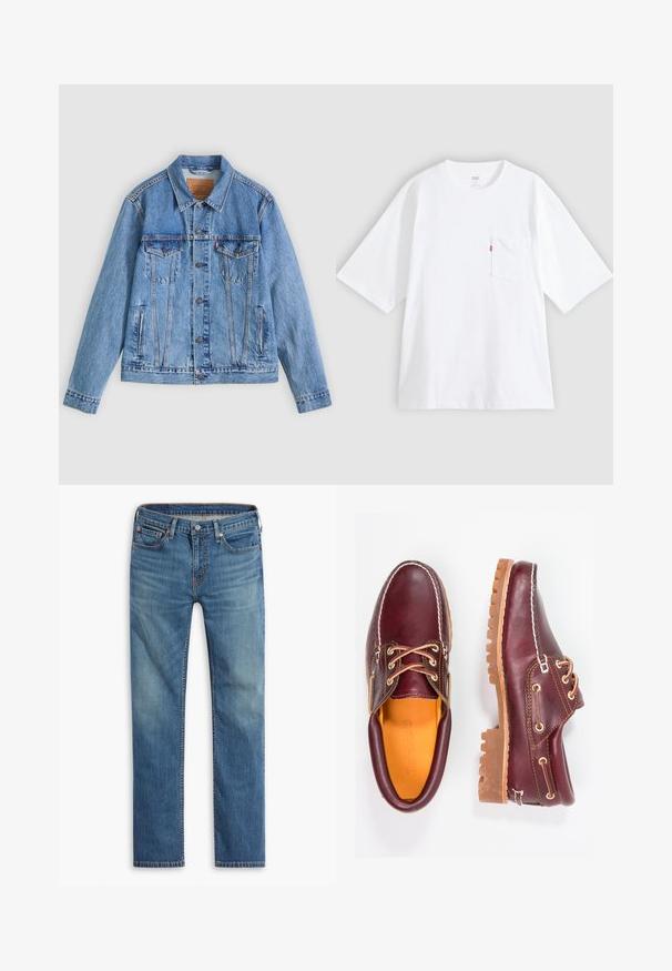 Hellblaue Jeansjacke mit spitzem Kragen, zwei Brusttaschen und Knopfverschluss, mit leicht ausgewaschener Textur und kontrastierenden Nähten.; Weißes Baumwoll-T-Shirt mit kurzen Ärmeln, rundem Ausschnitt und Brusttasche auf der linken Seite. Mit kleinem rotem Logotag an der Tasche.; Blaue gerade geschnittene Jeans mit Knopf- und Reißverschluss vorne, Fünf-Taschen-Design und dezenten Ausbleichungen an Oberschenkeln und Knien.; Bordeauxfarbene Lederschuhe mit braunen Gummisohlen, runder Zehenform, weißen Nähten und goldenen Ösen. Das Innenfutter weist eine gelbe Beschichtung auf.