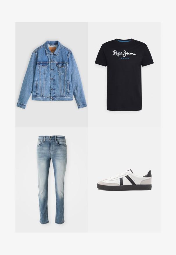 Veste en denim bleu clair avec un col pointu, deux poches poitrine et des fermetures à boutons, présentant une texture légèrement délavée et des coutures contrastées.; T-shirt en coton noir avec un logo en script blanc "Pepe Jeans" accentué de bleu, col rond et manches courtes. Design simple et uni.; Jeans en denim bleu clair avec un design classique à cinq poches, une décoloration subtile et une coupe droite. Comprend une fermeture à bouton et des passants de ceinture.; Baskets blanches avec des accents noirs et gris, présentant un embout texturé gris, une semelle en caoutchouc noir et des lacets plats blancs. Design épuré, style minimaliste.