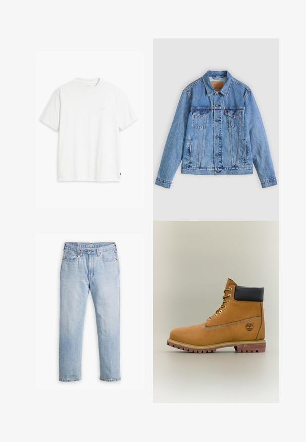 Veste en denim bleu clair avec un col pointu, deux poches poitrine et des fermetures à boutons, présentant une texture légèrement délavée et des coutures contrastées.; T-shirt en coton blanc à manches courtes, col rond, avec un logo "Levi's" discret imprimé en couleur claire sur le devant.; Jean en denim bleu clair avec une coupe droite, style cinq poches et coutures contrastantes. Fermeture à bouton et à glissière à la taille.; Bottine en cuir marron avec col noir, lacets jaunes et semelle beige. Présente un logo et des détails de couture blanche. Semelle extérieure à traction robuste.