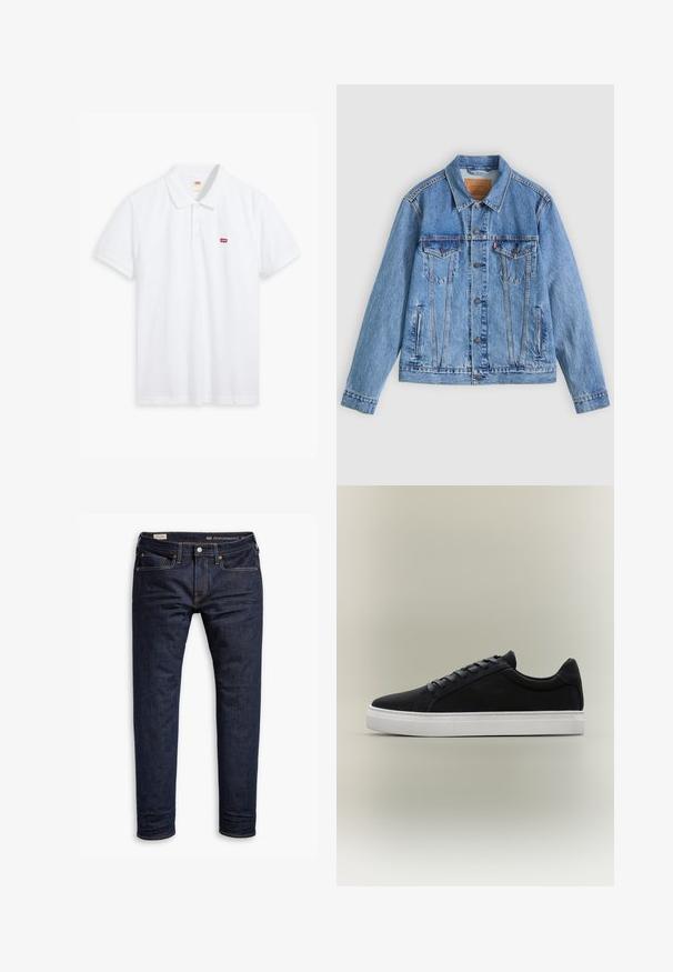 Hellblaue Jeansjacke mit spitzem Kragen, zwei Brusttaschen und Knopfverschluss, mit leicht ausgewaschener Textur und kontrastierenden Nähten.; Weißes Poloshirt aus Baumwolle. Verfügt über eine Knopfleiste mit drei Knöpfen, kurze Ärmel und ein kleines rotes Levi's-Logo auf der linken Brust.; Dunkelblaue Denim-Jeans mit schmaler Passform, orangefarbenen Nähten, Fünf-Taschen-Design und Metallbeschlägen. Glatte Textur, keine Muster.; Schwarzer Low-Top-Sneaker mit weißer Gummisohle, Schnürdesign und gepolstertem Kragen, dargestellt auf neutral grauem Hintergrund.